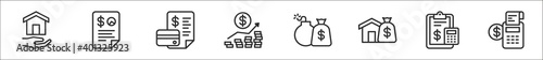 set of 8 accounting thin outline icons such as mortgage loan, accounting, accounting, revenue, debt, assets, cit