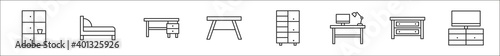 set of 8 furniture thin outline icons such as cupboard, bed, desk, table, cupboard, desk, chest of drawers, tv table