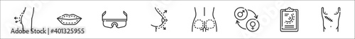 set of 8 plastic surgery thin outline icons such as buttocks, lips, glasses, breast, buttocks, gender, form, scar