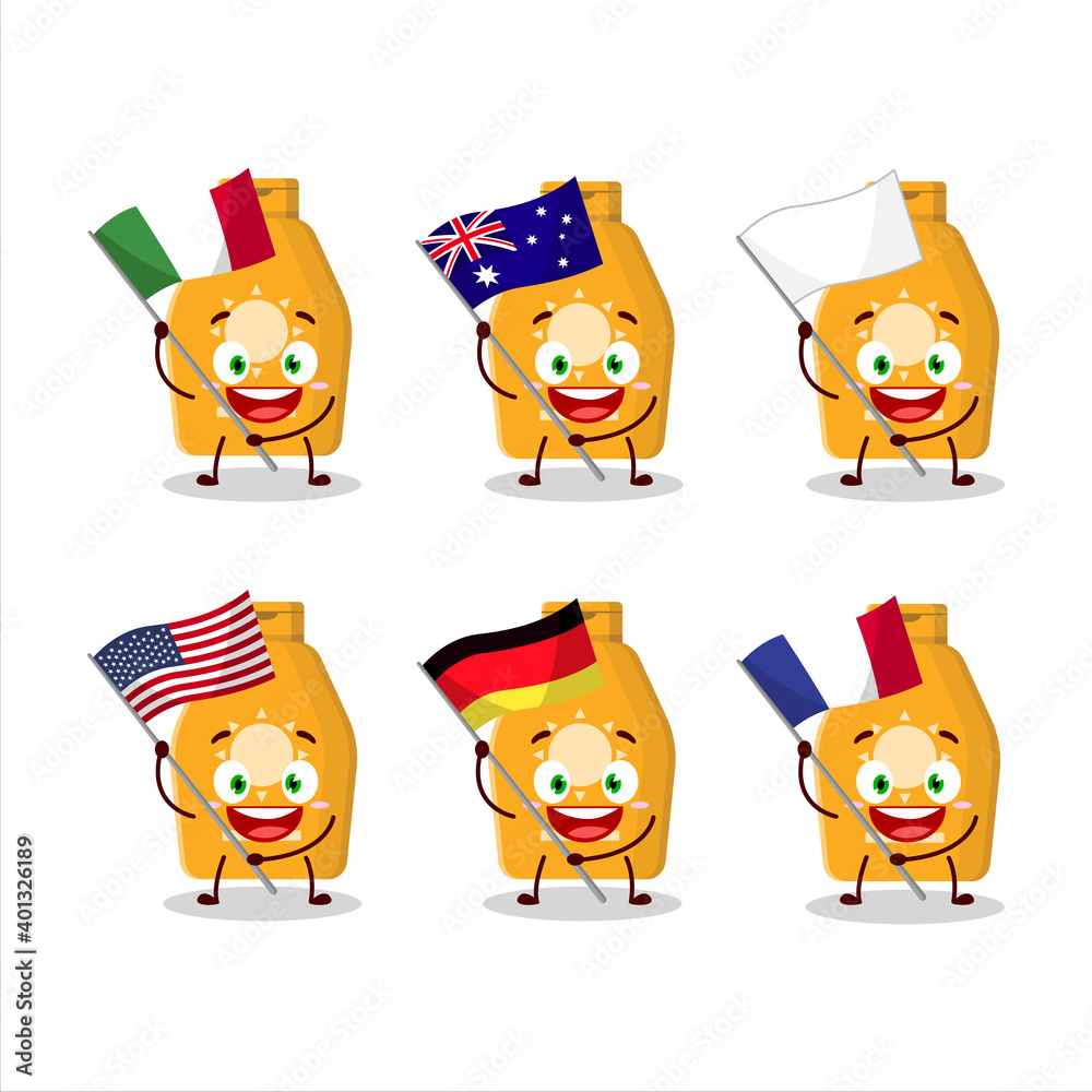 Lotion sunblock cartoon character bring the flags of various countries Lotion sunblock cartoon character bring the flags of various countries
