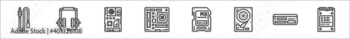set of 8 computer devices thin outline icons such as jack, headphones, motherboard, mainboard, sd card, hard drive, card reader, ssd drive