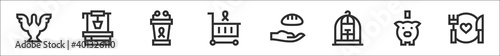 set of 8 charity thin outline icons such as dove, water well, tribune, cart, donate, cage, piggy bank, food