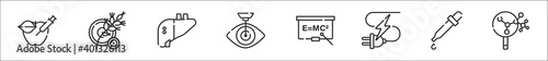 set of 8 bioengineering thin outline icons such as gmo food, agricultural, artificial, laser surgery, formula, electricity, dropper, research