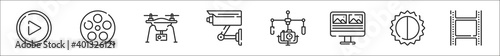 set of 8 video camera thin outline icons such as play button, film roll, drone, security camera, camera, video editing, brightness and contrast, film