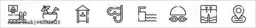 set of 8 swimming pool thin outline icons such as basketball, coconut drink, dressing room, diving, springboard, goggles, swimwear, placeholder