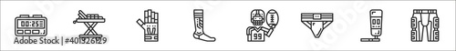 set of 8 american football thin outline icons such as timer, stretcher, glove, gaiter, american football, jockstrap, punching bag, pants