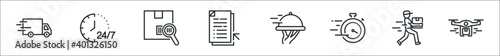 set of 8 logistics and shipping thin outline icons such as cargo truck, hours delivery, track, document, food delivery, stopwatch, delivery man, drone