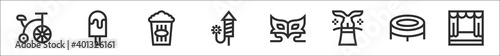 set of 8 circus thin outline icons such as penny farthing, popsicle, popcorn, firework, mask, magician, trampoline, stage