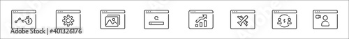 set of 8 type of website thin outline icons such as stocks, settings, photography, search engine, statistics, flight, online banking, video call