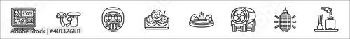 set of 8 japan thin outline icons such as bento, mushrooms, daruma, takoyaki, onsen, taiko, lantern, kodo