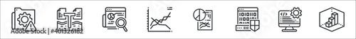 set of 8 data analytics thin outline icons such as system, data, data, line, statistics, system, d