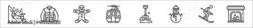 set of 8 winter thin outline icons such as avalanche, jacket, gingerbread, cable car cabin, shovel, snowman, ski, fireplace