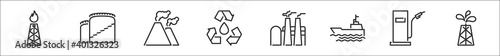 set of 8 oil and petroleum industry thin outline icons such as petrol pump, oil tank, oil refinery, recycle, industry, shipping, petrol station, pumps