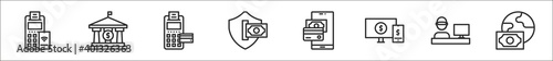 set of 8 payment and bank thin outline icons such as edc, bank, edc, secure payment, online payment, online cashier, method