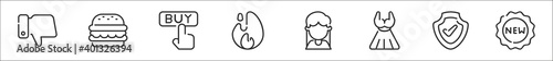 set of 8 bufilot ecommerce thin outline icons such as thumbs down, hamburger, buy button, hot sale, costumer, dress, shield, new