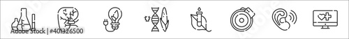 set of 8 bioengineering thin outline icons such as chemical substances, artificial, renewable, gmo food, research, eye, hearing, medical