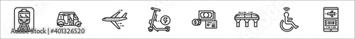set of 8 public transport thin outline icons such as station, ricksaw, plane, scooter, money, monorail, accesibility, mobile