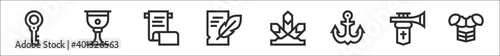 set of 8 medieval items thin outline icons such as key, goblet, scroll, writing, crystal, anchor, trumpet, armour