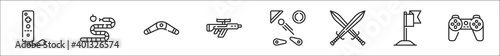 set of 8 gaming thin outline icons such as game controller, snake, boomerang, game, pinball, swords, flag, gamepad