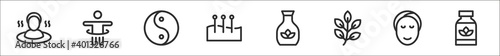 set of 8 therapy thin outline icons such as sauna, hula hoop, yin yang, acupuncture, essential oil, herb, facial mask, supplement