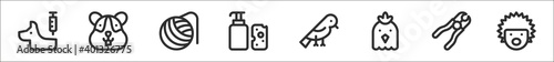 set of 8 pets thin outline icons such as vaccine, hamster, yarn, pet shampoo, bird, hen, nail clipper, hedgehog