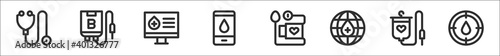 set of 8 blood donation thin outline icons such as stethoscope, blood type, information, blood donation, pressure, global, donation, type
