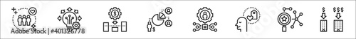 set of 8 sustainable competitive thin outline icons such as customers, innovation, low cost, share, technology, loyalty, researchgate, scale