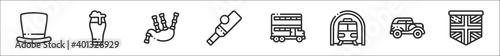 set of 8 united kingdom thin outline icons such as top hat, beer, bagpipe, cricket, double decker, subway, car, united kingdom