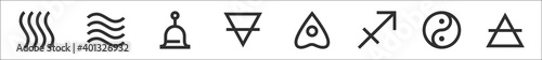 set of 8 esoteric thin outline icons such as fire, water, bell, earth, spirit board, sagittarius, yin yang, air