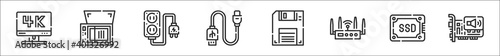 set of 8 computer hardware thin outline icons such as monitor, scanner, plug, usb port, diskette, router, ssd drive, sound card