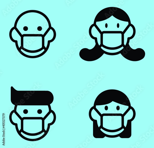 Man and Woman in medical face protection mask. Vector icon of depressed and tired people wearing protective surgical mask
