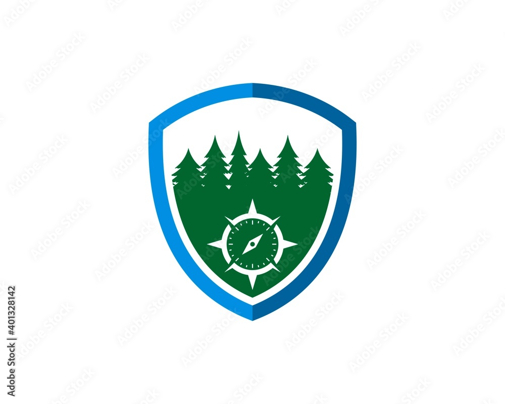 Protection shield with compass and pine forest Protection shield with compass and pine forest