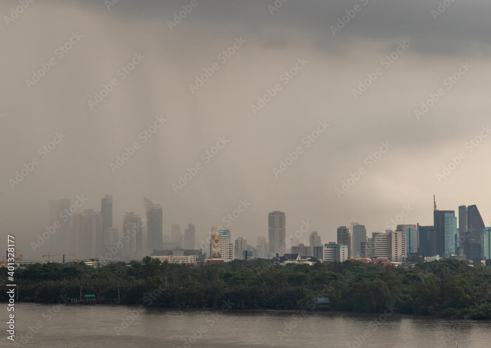 Bangkok, thailand - Oct 03, 2020 : PM 2.5 or Heavy smog was covered the Bangkok building the morning.There are air pollution under heavy cloud. Focus and blur.