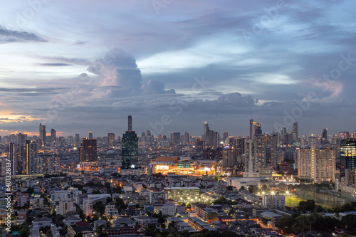 Bangkok, thailand - Oct 01, 2020 : Bangkok downtown cityscape in Business district with bright glowing lights at night give the city a modern style. No focus, specifically.