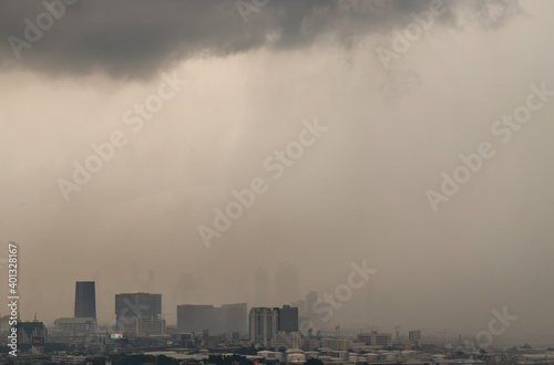 Bangkok, thailand - Oct 03, 2020 : PM 2.5 or Heavy smog was covered the Bangkok building the morning.There are air pollution under heavy cloud. Focus and blur. © num