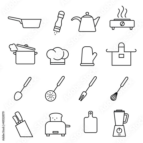 kitchen utensils and utensils. set of vector icons in flat style