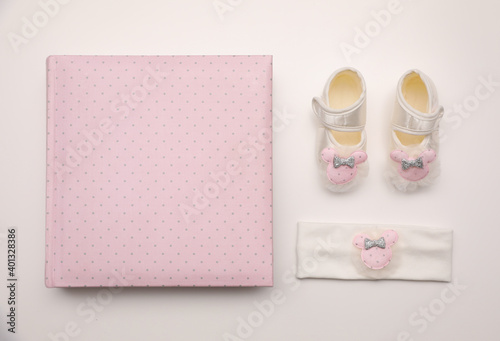 Baby accessories on white background, flat lay