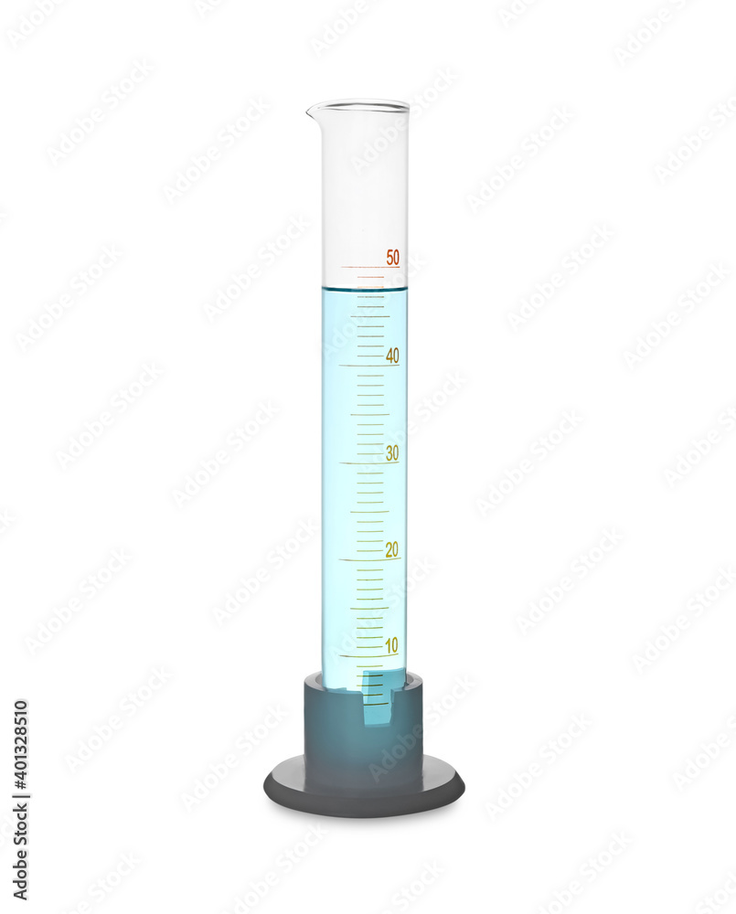 Graduated cylinder with light blue liquid isolated on white Graduated cylinder with light blue liquid isolated on white
