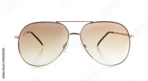 Stylish sunglasses isolated on white. Beach accessory