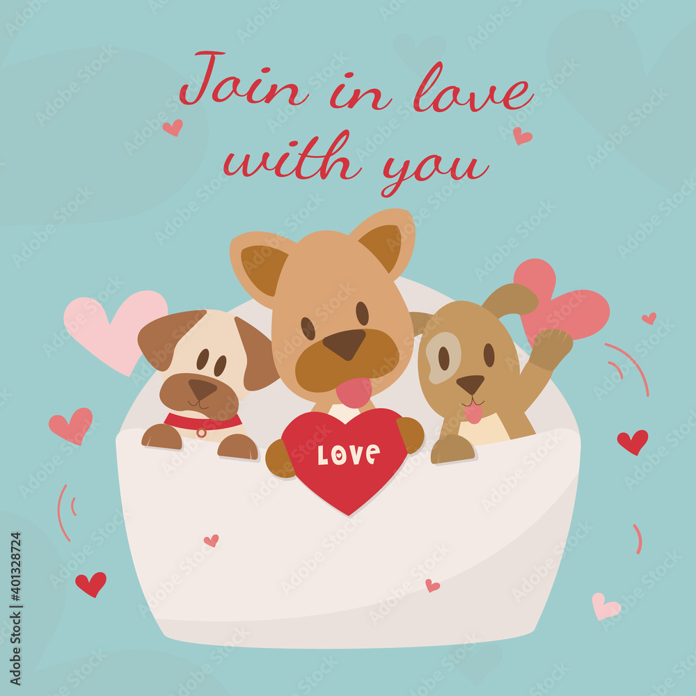 Love theme. 3 dogs in an envelope. A dog with a heart with love type. happy smiling dogs for Valentines day, birthday letter, greeting card vector illustration on background blue pastel Love theme. 3 dogs in an envelope. A dog with a heart with love type. happy smiling dogs for Valentines day, birthday letter, greeting card vector illustration on background blue pastel