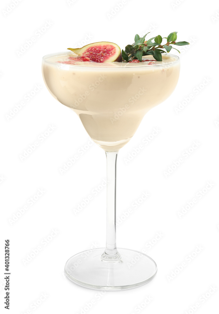 Delicious fig smoothie in glass on white background