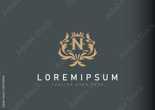 Heraldic initial letter N logo design. Vector illustration of elegant floral initial letter N icon design. Modern logo design with emblem style.