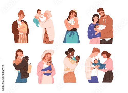 Set of cute women and families with newborn baby. Collection of different children with happy parents feeling love isolated vector flat illustration. Mother, father and kids embracing each other photo