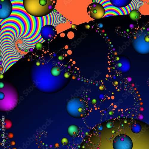 Blue orange purple spheres, abstract background with stars