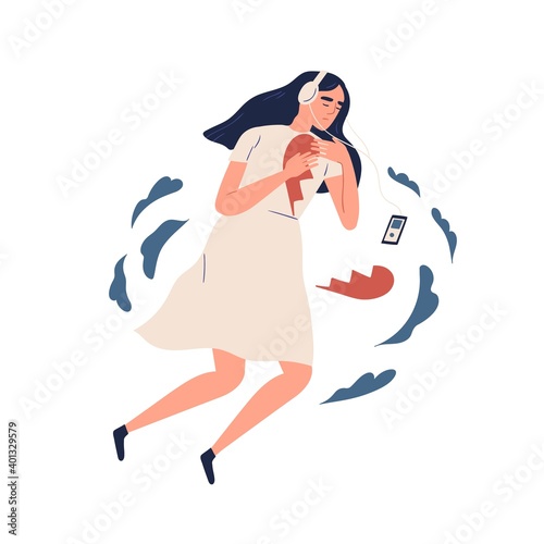 Depressed teen with broken heart listening music in headphones vector flat illustration. Upset female teenager feeling sorrow about breakup isolated. Concept of heartbreak and psychological problem