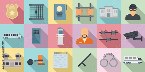 Prison icons set. Flat set of prison vector icons for web design