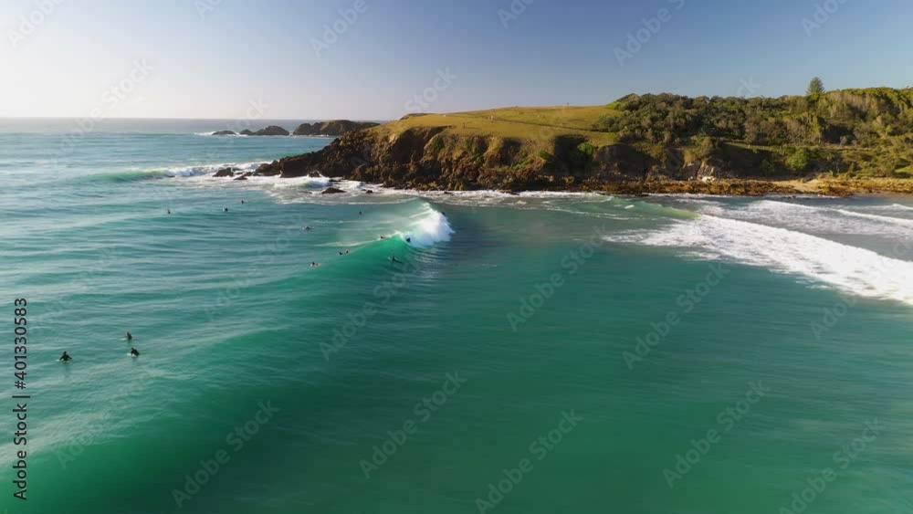 Amazing drone shot of surfers and waves at Coffs Harbour Emerald Beach Amazing drone shot of surfers and waves at Coffs Harbour Emerald Beach