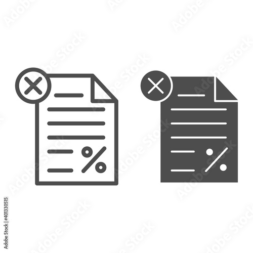 Unpaid tax document line and solid icon, Black bookkeeping concept, Tax declaration paper document sign on white background, Report with percent and cross icon in outline style. Vector graphics.