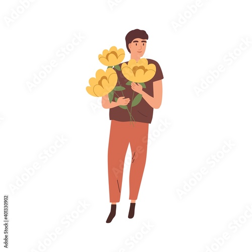 Happy man standing with beautiful blooming yellow flowers vector flat illustr...