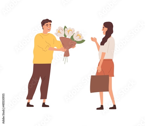 Happy male character giving bouquet of blooming flowers to smiling woman vector flat illustration. Enamored man courtship to beloved girlfriend isolated. Romantic person with gift on date